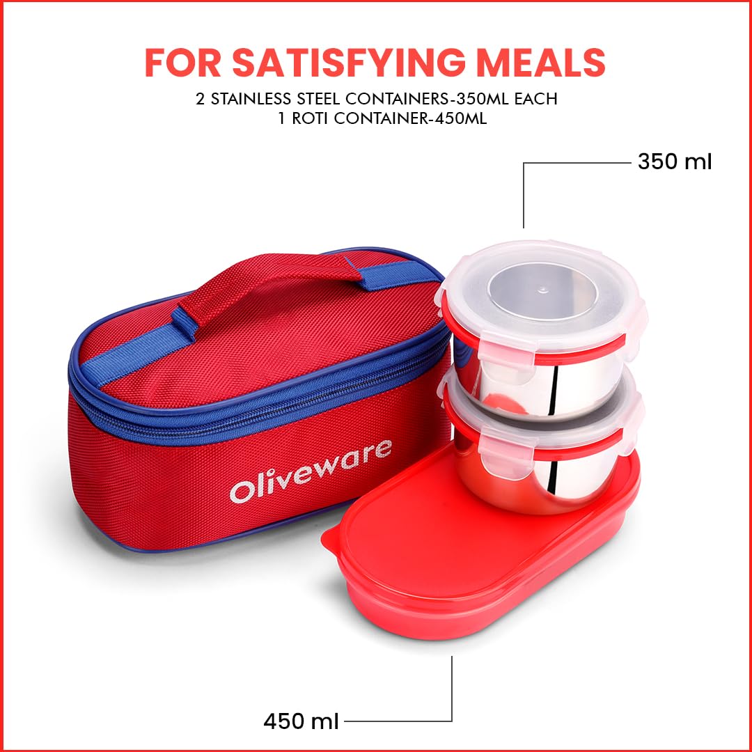 oliveware Aroma Stainless Steel Lunch Box, Leak Proof, 2 Container with BPA Free Air-Tight Lid (350ml & 350ml), Plastic Roti Box (450ml) - Red