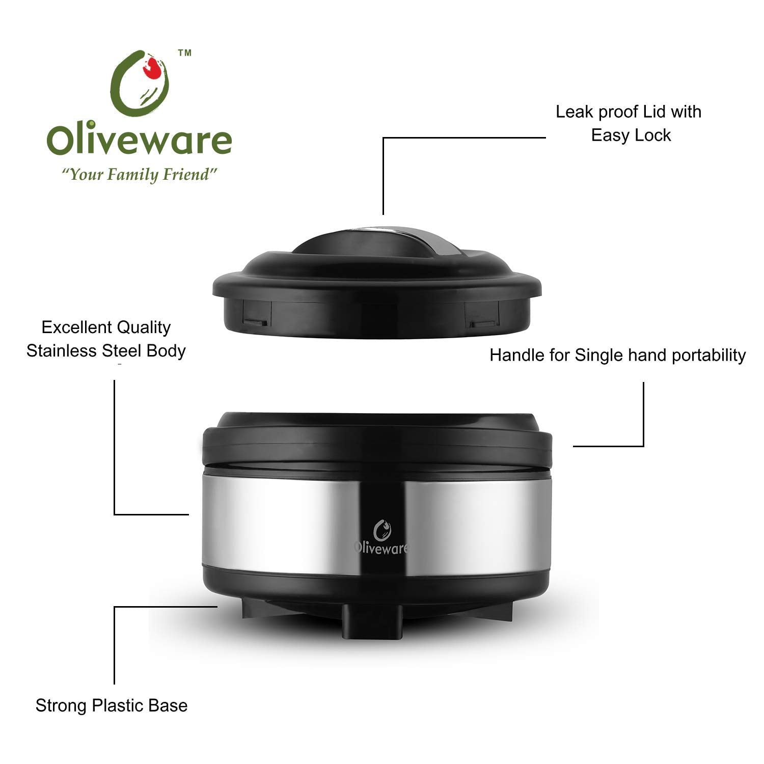 Oliveware Supremo Casseroless Thermosteel & Double Wall Insulation (2500 ml) with Insulated Lid Keep Food Hot, Stainless Steel with Handle