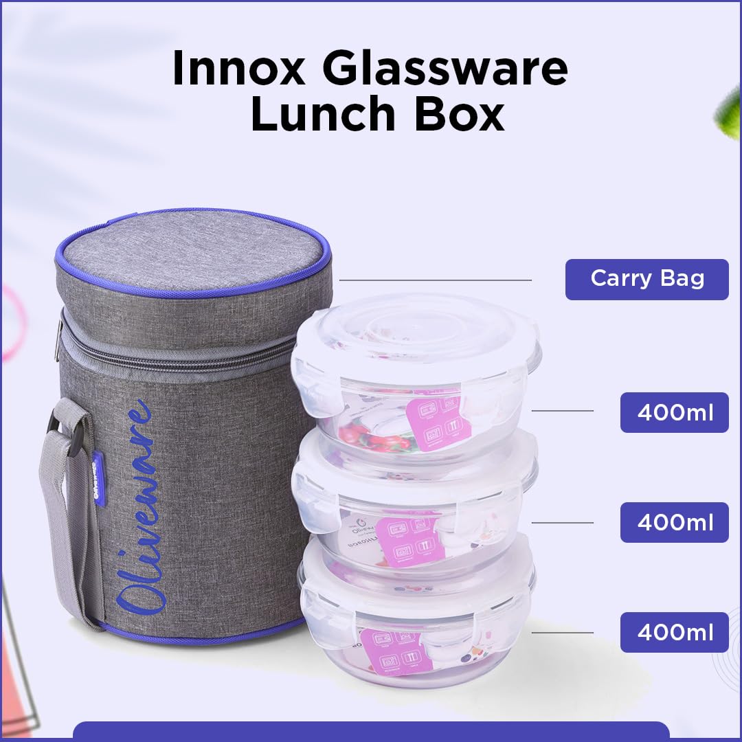 SOPL-OLIVEWARE Innox Glassware Lunchbox, Borosilicate Glass Containers, Microwave Safe & Leak Proof, 3 Containers with BPA Free Airtight Lid (400ml) Each - Blue