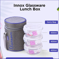 SOPL-OLIVEWARE Innox Glassware Lunchbox, Borosilicate Glass Containers, Microwave Safe & Leak Proof, 3 Containers with BPA Free Airtight Lid (400ml) Each - Blue