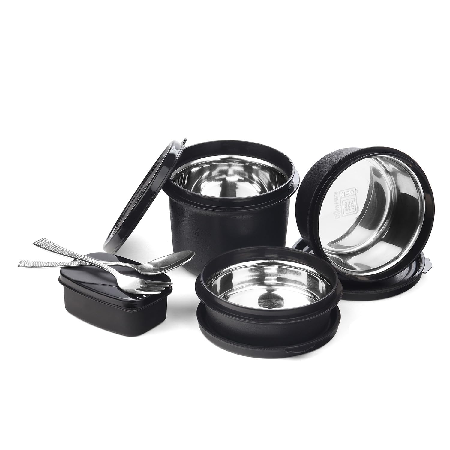 SOPL-OLIVEWARE Executive Pro Lunch Box, Microwave Safe, 3 Inside Steel Container with BPA Free Airtight Lids (290ml, 450ml, 600ml), Plastic Pickle Box (130ml) & Steel Cutlery - Red