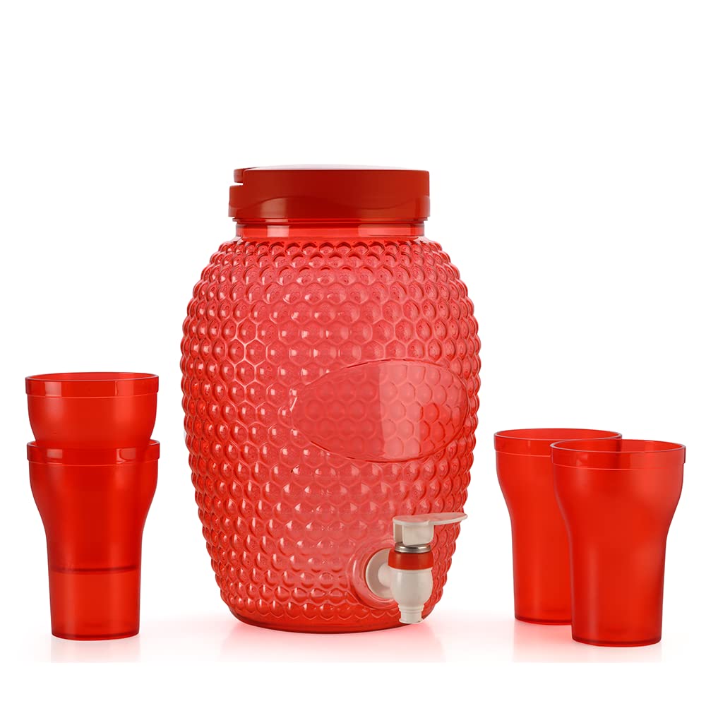 Oliveware Boom Jug | Red | 4000 ML Capacity | with a Set of 4 Glasses | BPA Free Premium Range | for Fridge - Home & Office