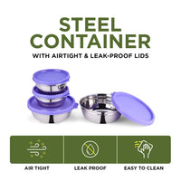 oliveware Elegant Combo Storage Containers, 100% Leak Proof and Dishwasher Safe, 4 Stainless Steel Containers with BPA Free Lid (2x450ml & 2x250ml) - Voilet