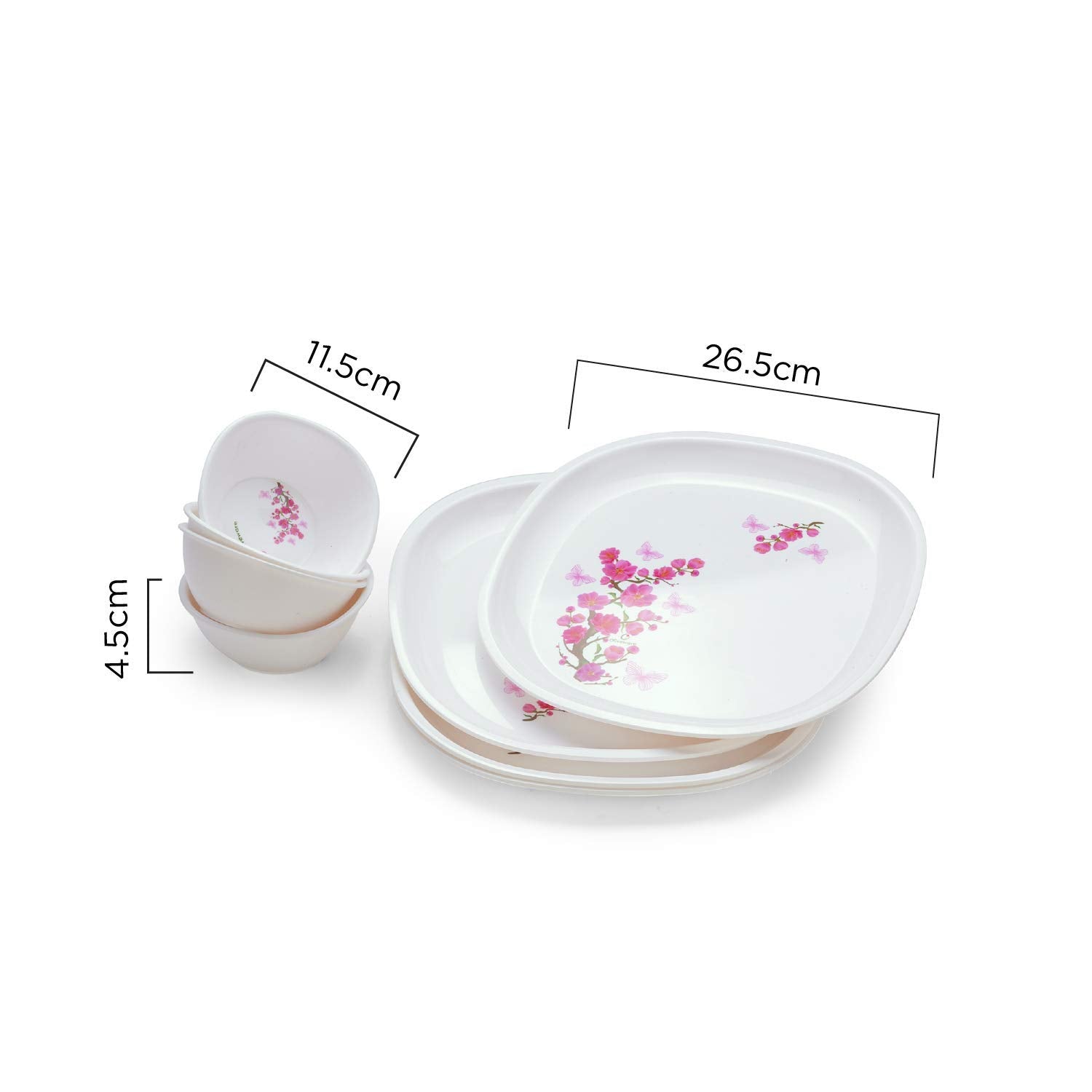 oliveware Plastic Flora Dinner Set | Microwave Safe | Dishwasher Safe | BPA-free | for Heating & Serving | for Breakfast, Lunch, Dinner - (Pink, 4 Plates + 4 Bowls)