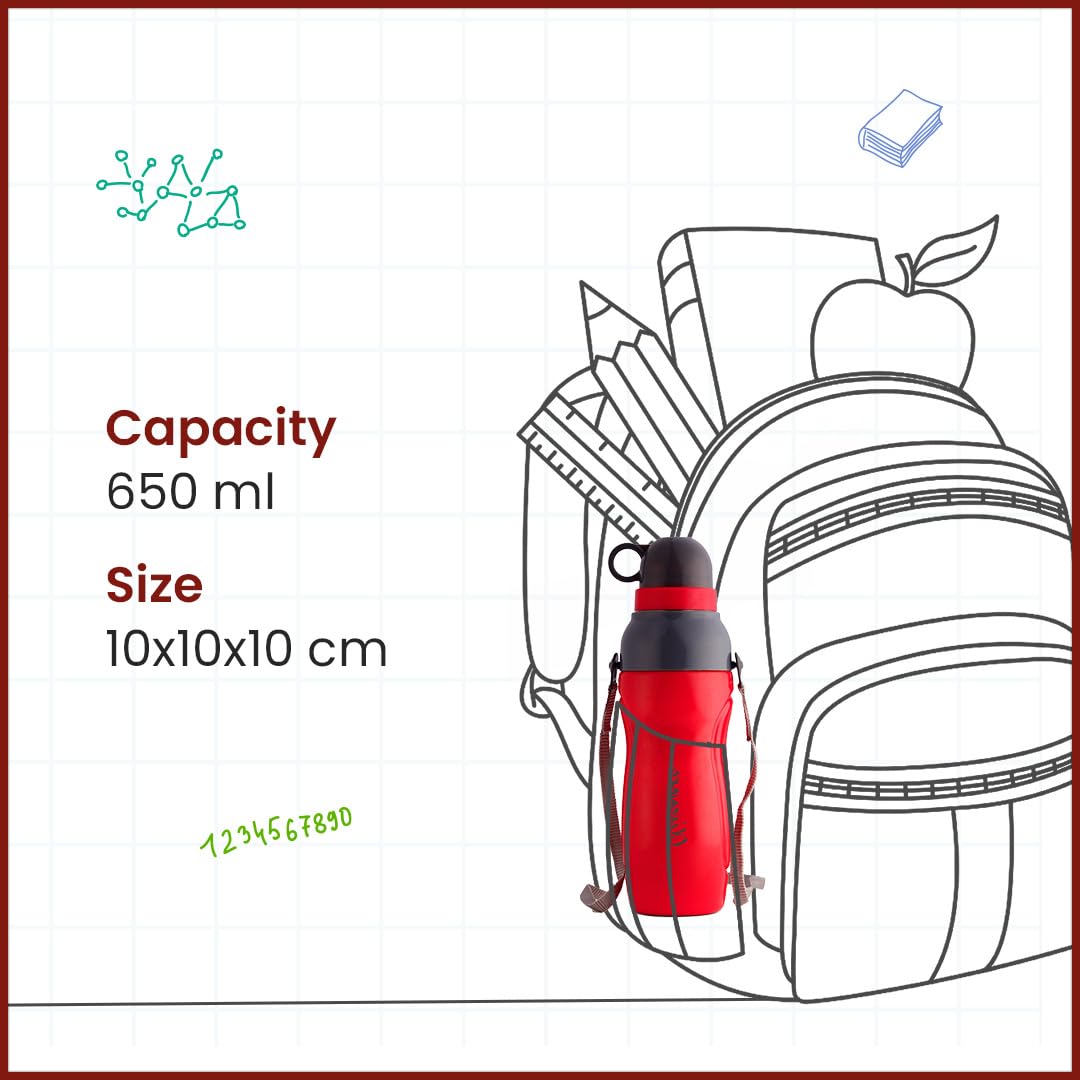 SOPL-OLIVEWARE Spin Water Bottle with Better Grip, 650 ml Bottle, BPA Free & Leak Proof, For Home, Office & Gym use - Red