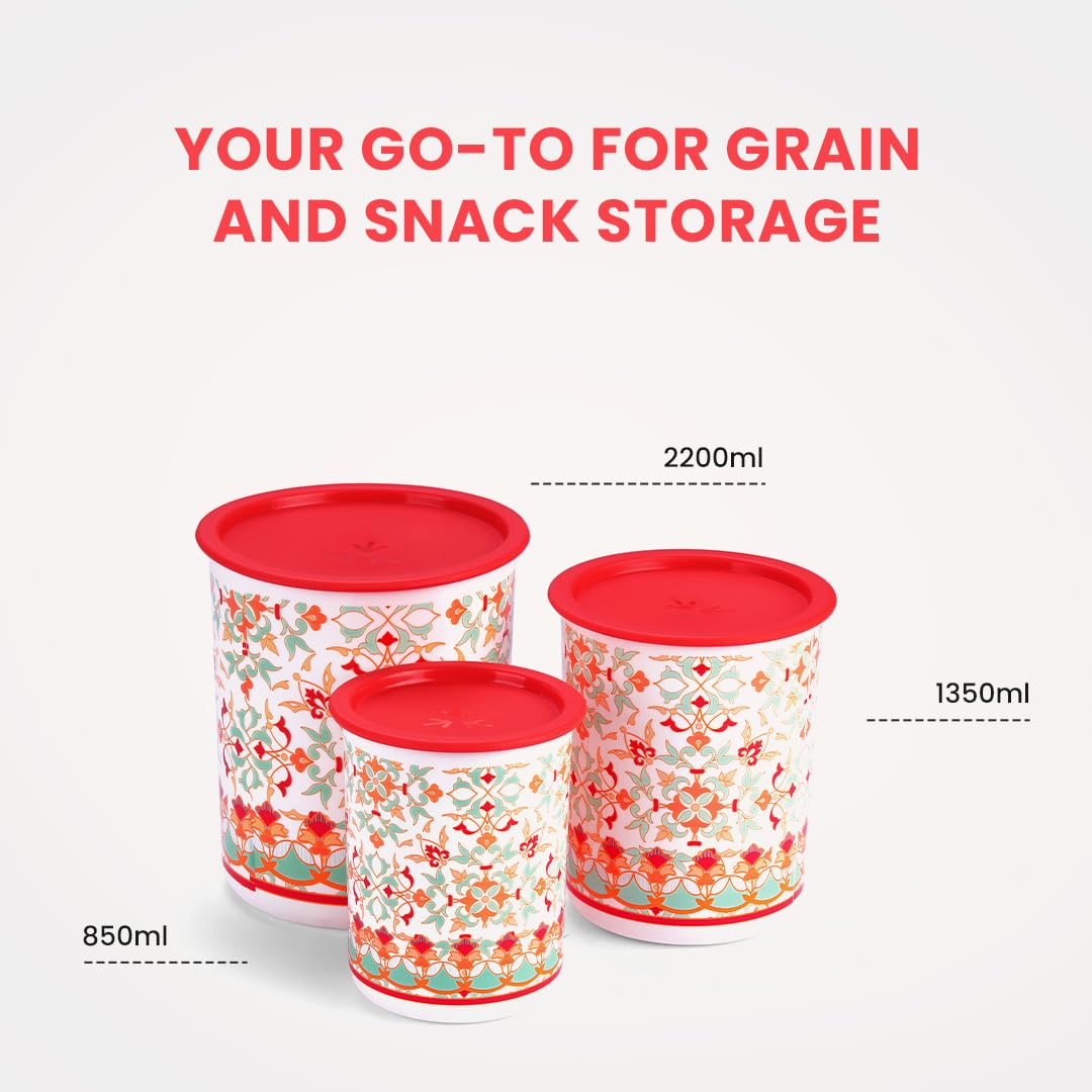 Oliveware Pasha Plastic Containers | BPA Free | For Rice, Dal, Atta & Flour | Set of 3 | Stackable Containers (2200ml, 1350ml & 850ml) (Red)