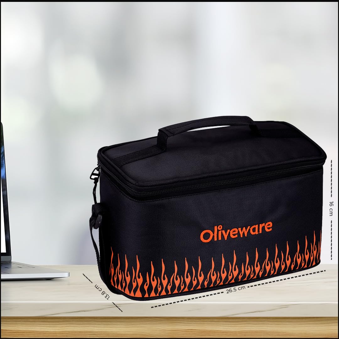 OLIVEWARE Olivia Borosilicate Glassware Lunchbox with Napkin & Steel Cutlery, Microwave Proof, Safety Lock Airtight Square, Set of 4 (320ml) Each - Black & Orange