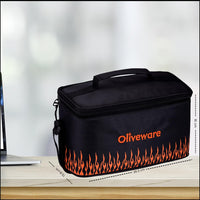OLIVEWARE Olivia Borosilicate Glassware Lunchbox with Napkin & Steel Cutlery, Microwave Proof, Safety Lock Airtight Square, Set of 4 (320ml) Each - Black & Orange