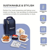 SOPL-OLIVEWARE Executive Glassware Lunchbox, Borosilicate Glass, Microwave & Freezer Safe, Set of 3 with BPA Free Lid (320ml) Each - Blue