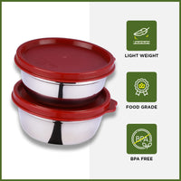 oliveware Elegant Storage Containers, 100% Leak Proof & Spill Proof, 2 Stainless Steel Containers with BPA free Airtight Lid (250 ml Each) - Red