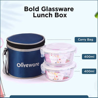 SOPL-OLIVEWARE Rocky Glassware Round Lunchbox, Borosilicate Glass Containers, Microwave Safe & Leak Proof, 2 Containers with BPA Free Lids (400ml) Each - Pink