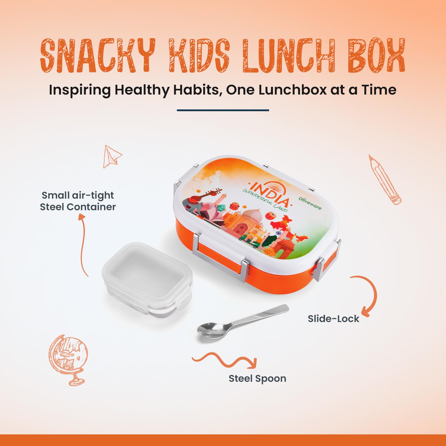 Oliveware Snacky Kids Lunch Box, Stainless Steel in 700ml Include Sabzi Container(180ml) & Steel Spoon, Food Grade BPA Free, Leak Proof & Colourful Designs (Orange)