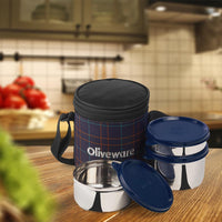 SOPL-OLIVEWARE Bliss Lunch Box, 100% Leak Proof, 3 Stainless Steel Containers with BPA Free Airtight Lids (300ml, 450 ml, 600 ml), Fabric Bag - Blue