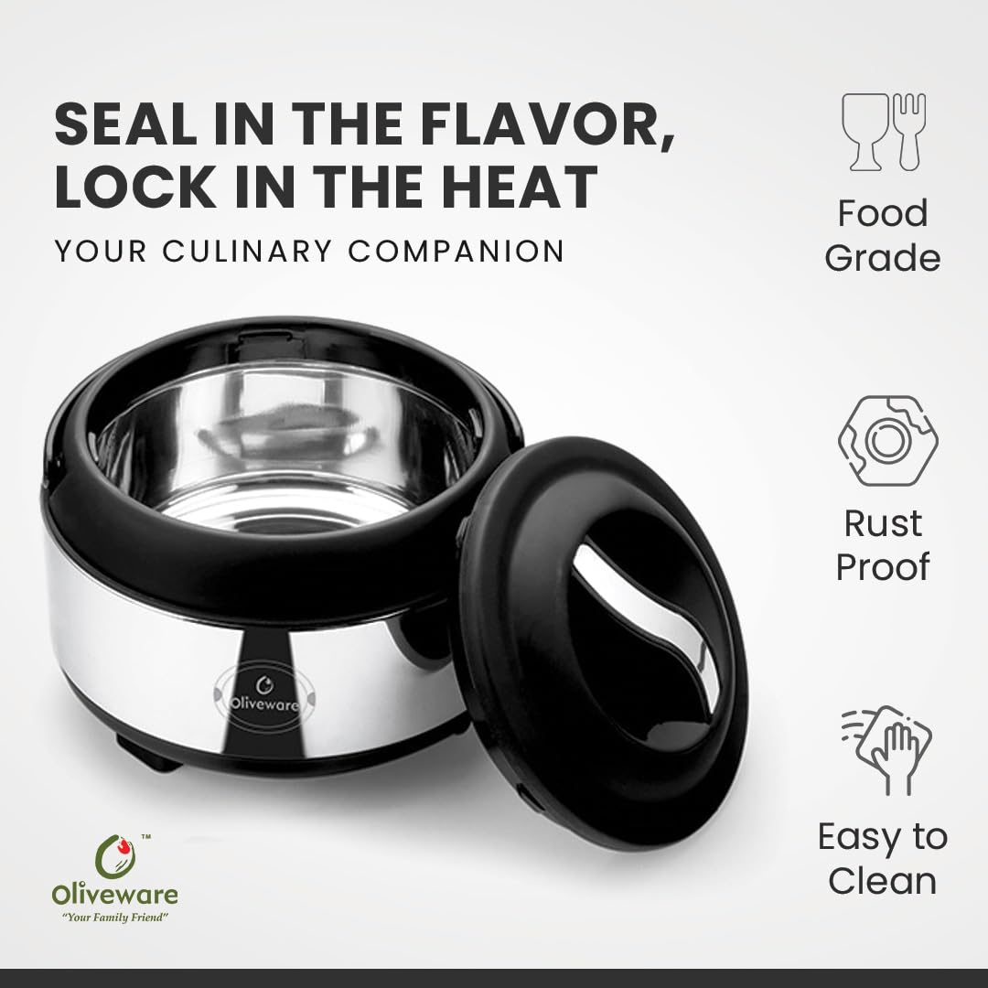 oliveware Glory Insulated Stainless Steel Casserole | High Grade | Steel Interior | Puff Insulated Lid | Keeps Chapati, Food, Curry | Easy to Carry Handle | Sturdy Base | 2000 ml