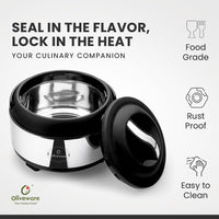 oliveware Glory Insulated Stainless Steel Casserole | High Grade | Steel Interior | Puff Insulated Lid | Keeps Chapati, Food, Curry | Easy to Carry Handle | Sturdy Base | 2000 ml