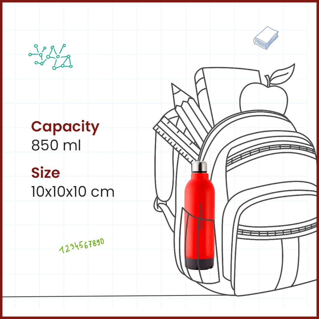 SOPL-OLIVEWARE Qua Water Bottle with Better Grip, 850 ml Bottle, BPA Free & Leak Proof, For Home, Office & Gym use - Red
