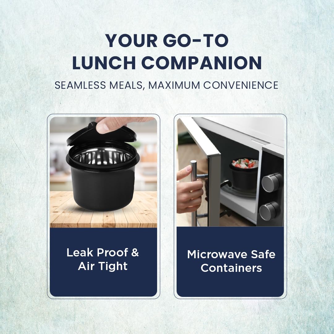 Oliveware Octavia Lunchbox, Microwave & Freezer Safe, 2 Inside Steel containers (2x450ml), Plastic Pickle Box (130ml), Steel Bottle(450ml), Steel Cutlery & Napkin, Fabric Bag - Blue