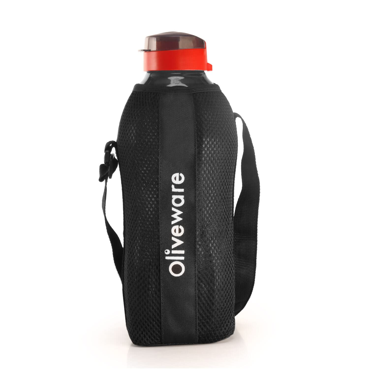 oliveware SOPL Jumbo Water Bottle With Washable Carry Sleeve, Shoulder Strap, 2 Litre Bottle, BPA Free & Leak Proof, Fits in Fridge, Pack of 1 (Black_Red)