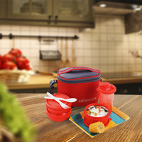 oliveware Groove Lunch Box, Microwave Safe and Leak Proof, 3 Inner Steel Containers with BPA Free Airtight Lid (2 * 290ml & 450ml), Plastic Tumbler (450ml), Plastic Cutlery - Blue