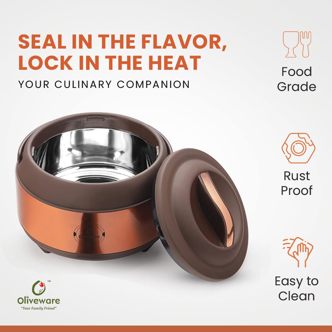 oliveware SOPL (Logo) with Device Glory Sturdy Base High Grade Classic Insulated Casserole with Insulated Lid, Stainless Steel, Easy to Carry Handle (Copper, Brown, 2000 ml)