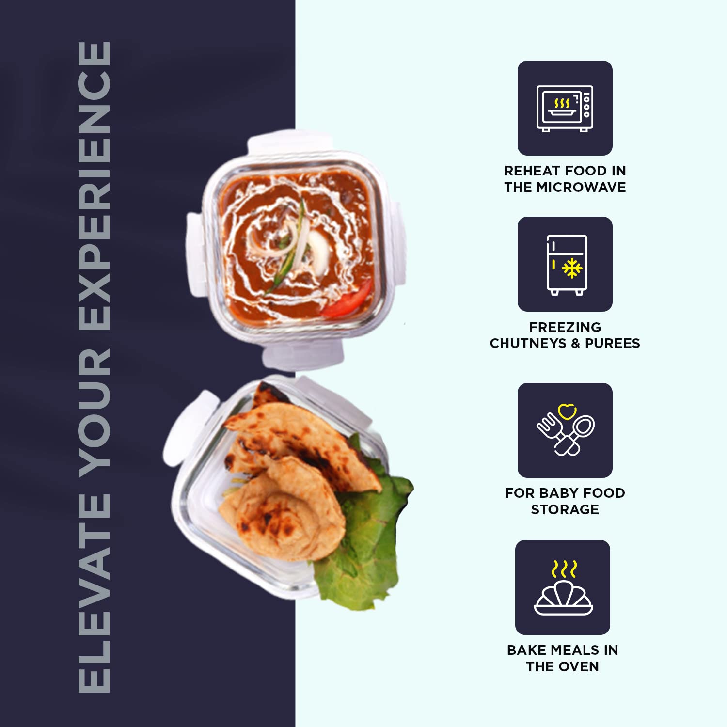 SOPL-OLIVEWARE Feast Glassware Square Lunchbox, Borosilicate Glass Containers, Microwave Safe & Leak Proof, 2 Containers with BPA Free Lids (320ml) Each - Blue