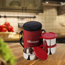 SOPL-OLIVEWARE Absolute Lunch Box, 100% Leak Proof, 3 Stainless Steel Containers with BPA Free Lids (2x600ml & 450ml), Fabric Bag - Red