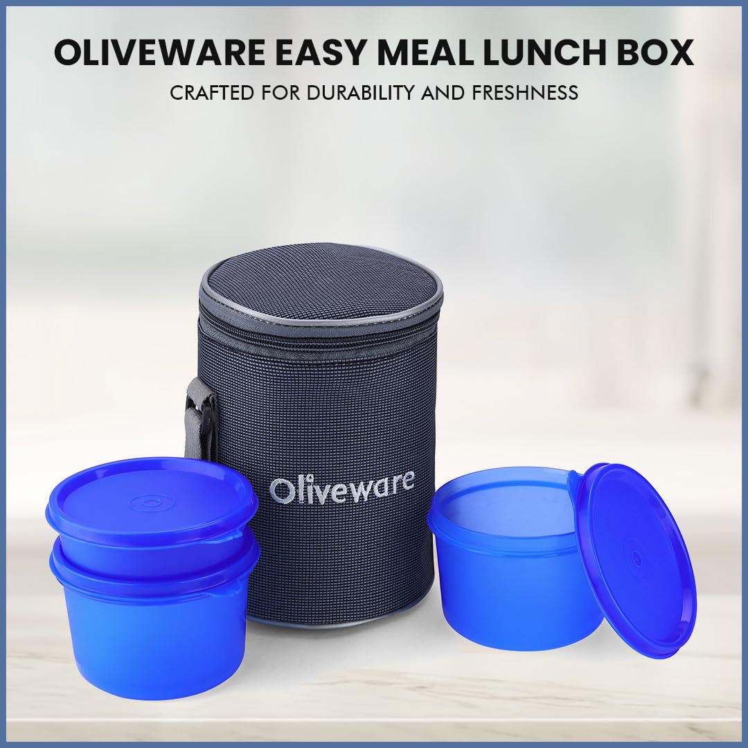 oliveware Easy Meal Plastic Lunch Box with Insulated Fabric Bag, BPA Free & Leak Proof, Set of 3 (290ml, 600ml, 600ml), Full Meal - Blue