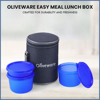 oliveware Easy Meal Plastic Lunch Box with Insulated Fabric Bag, BPA Free & Leak Proof, Set of 3 (290ml, 600ml, 600ml), Full Meal - Blue