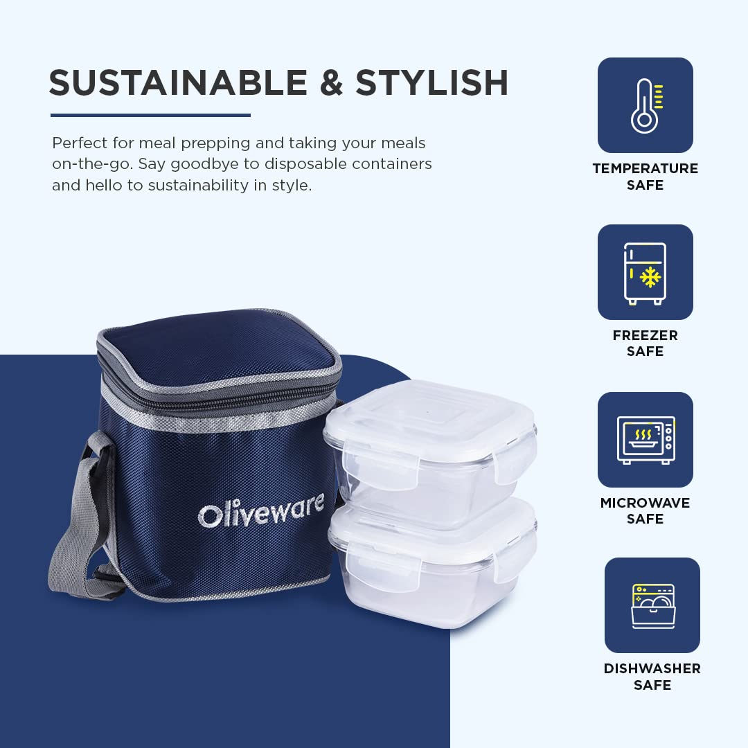 SOPL-OLIVEWARE Deluxe Glassware Lunchbox, Borosilicate Glass Containers, Microwave Safe & Leak Proof, 2 Containers with BPA Free Airtight Lid (320ml) Each - Blue