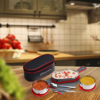 SOPL-OLIVEWARE Sophia Lunch Box, Spoon & Fork, 100% Leak Proof, 3 Stainless Steel Container with BPA Free Lids (550ml, 350ml & 350ml), Fabric Bag - Red