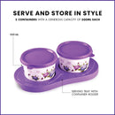 oliveware Breeze Floral Print Serving Container & Tray With Airtight Lid, BPA Free, 2 Containers (500ml) each, For Snacks & Dry Fruits - Voilet