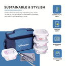 SOPL-OLIVEWARE Slick Glass Lunch Box, Borosilicate Glass Container with BPA Free Lids, Napkin & Steel Cutlery, Microwave Safe, Set of 4 (320ml) Each - Blue