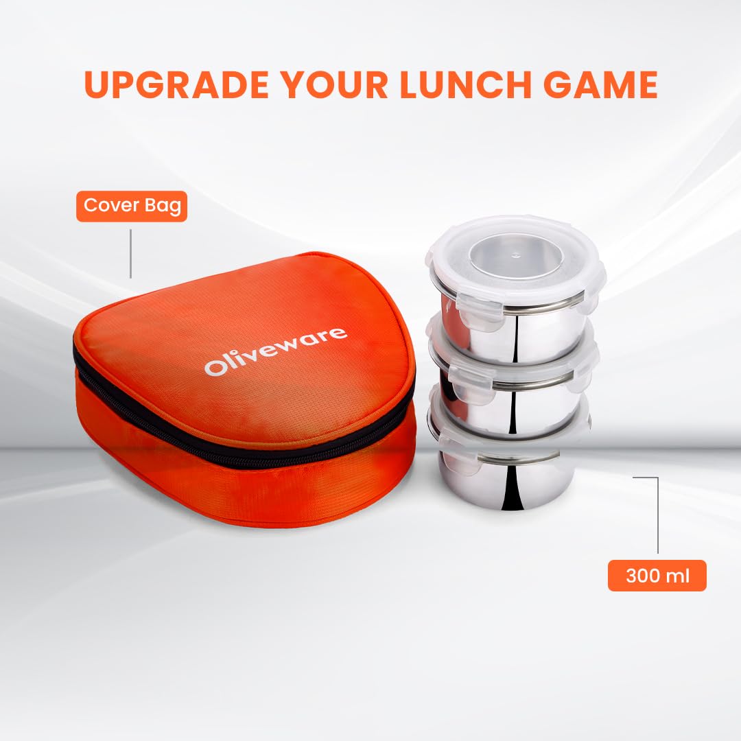 oliveware Freshy Lunch Box, Leak Proof, 3 Stainless Steel Containers with BPA Free Lid (300ml) Each, Fabric Bag - Orange