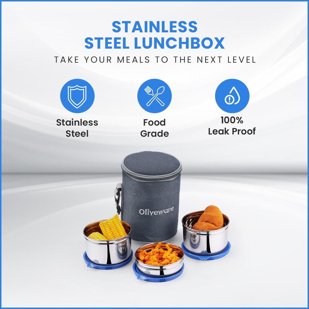 oliveware Angelic Lunch Box, Leak Proof, 3 Stainless Steel Containers with BPA Free Airtight Lid (450ml, 450ml & 250ml), Insulated Fabric Bag - Blue