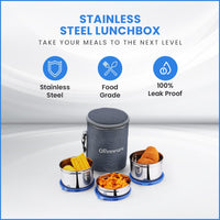 oliveware Angelic Lunch Box, Leak Proof, 3 Stainless Steel Containers with BPA Free Airtight Lid (450ml, 450ml & 250ml), Insulated Fabric Bag - Blue