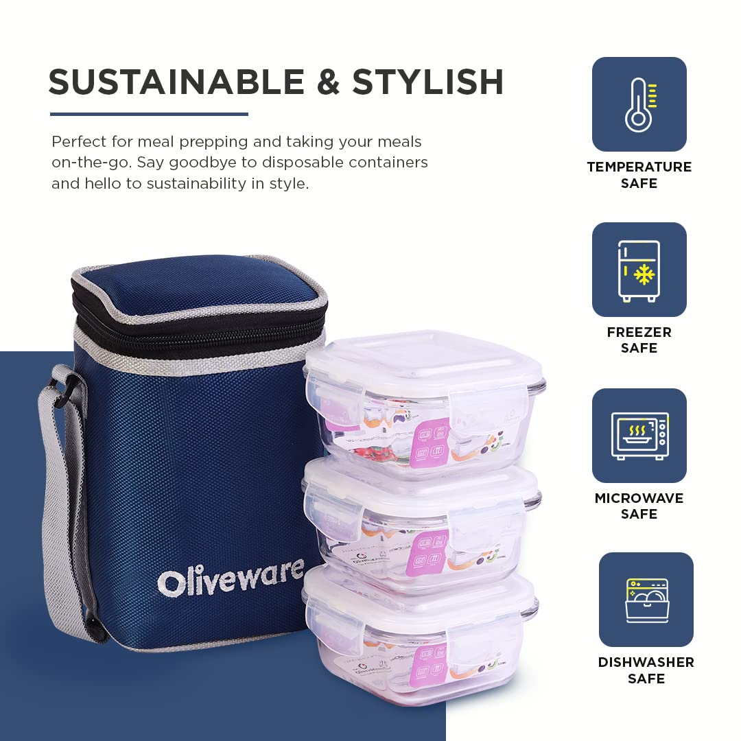 SOPL-OLIVEWARE Bounty Borosilicate Glassware Lunchbox, Microwave & Freezer Safe, Set of 3 containers with BPA Free Airtight Lids (320ml) Each - Blue