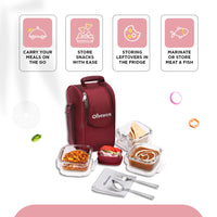 SOPL-OLIVEWARE Executive Glassware Lunchbox, Borosilicate Glass, Microwave Safe,Set of 3 with BPA Free Lid (320ml) Each - Mahroon