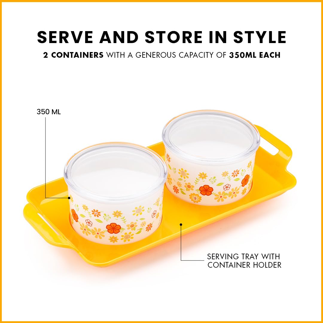 oliveware Blossom Dry Fruit Container Tray with Airtight Lid, BPA Free, For Snacks & Dry Fruits, 2 Containers (350ml) each - Yellow