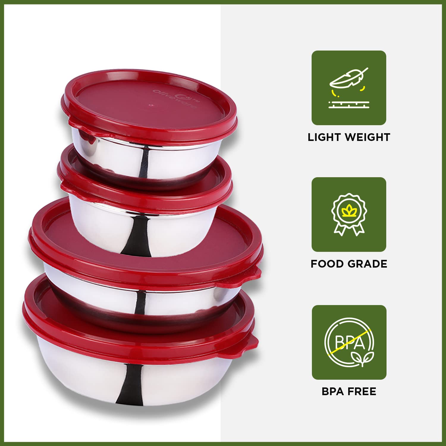 oliveware Elegant Combo Storage Containers, 100% Leak Proof and Dishwasher Safe, 4 Stainless Steel Containers with BPA Free Lid (2x450ml & 2x250ml) - Red