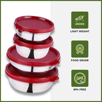 oliveware Elegant Combo Storage Containers, 100% Leak Proof and Dishwasher Safe, 4 Stainless Steel Containers with BPA Free Lid (2x450ml & 2x250ml) - Red