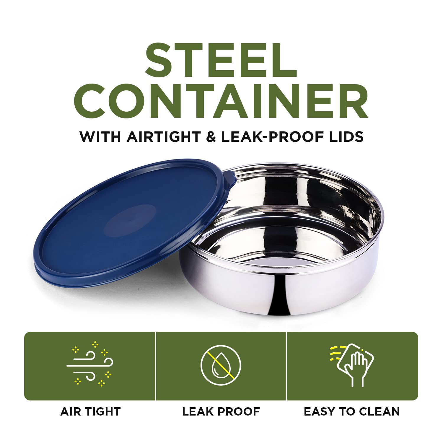 oliveware with Device Classic Stainless Steel Storage Container, Leak Proof & Spill Proof, Dishwasher & Freeze Safe (Blue - 1000ml)