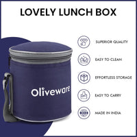 oliveware Lovely Little Plastic Lunch Box, Microwave Safe & Leak Proof, Food Grade BPA Free 3 Containers (290ml, 290ml, 600ml), Fabric Bag - Blue