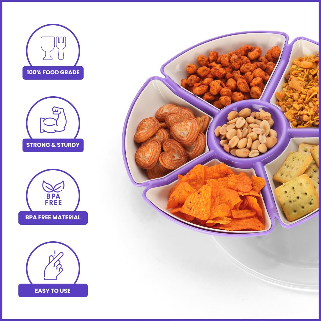 Oliveware Flower Snack Container with 5 Compartments | Storage & Serving Snacks, Dry Fruits, Biscuits, Candy | Hard Plastic | Multi Purpose - Violet