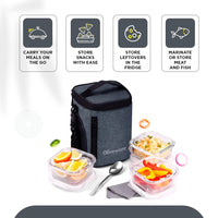 SOPL-OLIVEWARE Ivy Borosilicate Glassware Square Lunchbox, Napkin & Steel Spoon, Microwave Proof, 3 Cointainer with 320ml Each - Grey