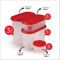 SOPL-OLIVEWARE Modular Storage Containers with Airtight Lid, BPA Free, For Pulses, Rice, Dal & Atta, Set of 12 (3x1800ml, 3x1200ml, 3x600ml & 3x180ml) - Red, Plastic