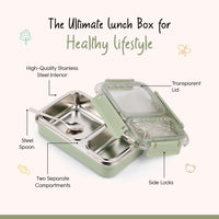 Oliveware Bento Master 2 Lunch Box | with 2 dividers | Steel Spoon | Stainless Steel | Dishwasher & Freezer Safe (Bento 2, Green)
