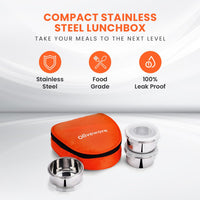 oliveware Freshy Lunch Box, Leak Proof, 3 Stainless Steel Containers with BPA Free Lid (300ml) Each, Fabric Bag - Blue