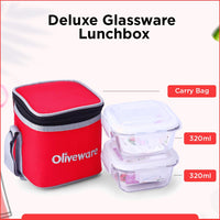 SOPL-OLIVEWARE Deluxe Glassware Lunchbox, Borosilicate Glass, Microwave & Freezer Safe, 2 containers with BPA Free Airtight Lids (320ml) - Red