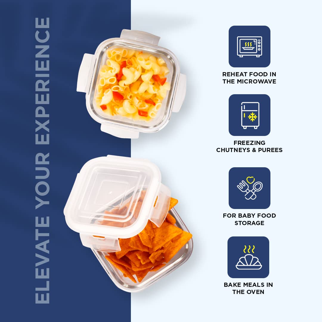 SOPL-OLIVEWARE Deluxe Glassware Lunchbox, Borosilicate Glass Containers, Microwave Safe & Leak Proof, 2 Containers with BPA Free Airtight Lid (320ml) Each - Blue