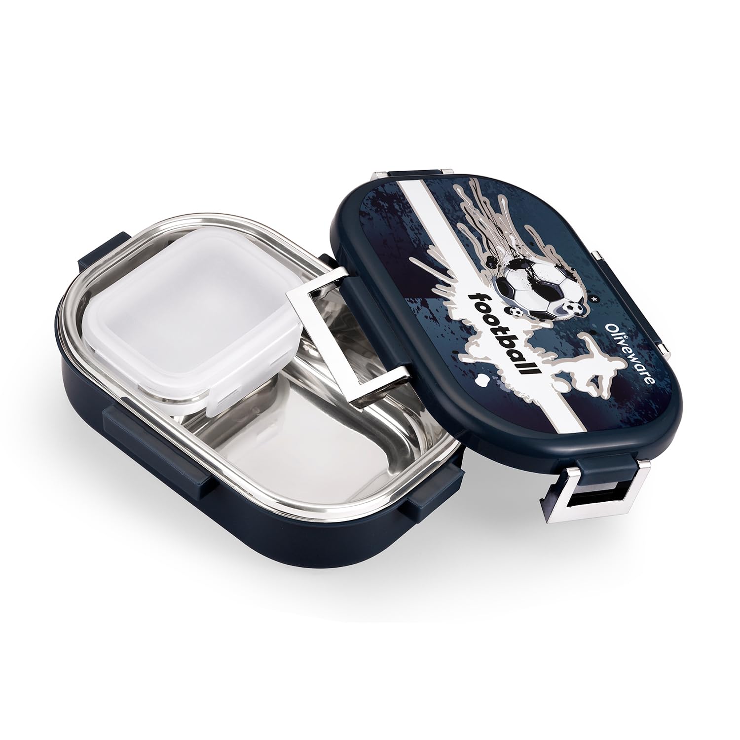 Oliveware Snacky Kids Lunch Box, Stainless Steel in 700ml Include Sabzi Container(180ml) & Steel Spoon, Food Grade BPA Free, Leak Proof & Colourful Designs (BlueFire)